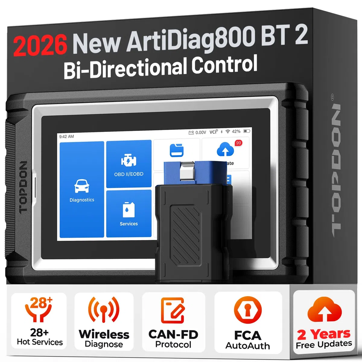 TOPDON obd2 Diagnosis Bidireccional AD800BT V2.0, Diagnosis Coche multimarca de Sistema Completo, 28 Funciones de Reinicio, 2 años de actualizaciones gratuitas