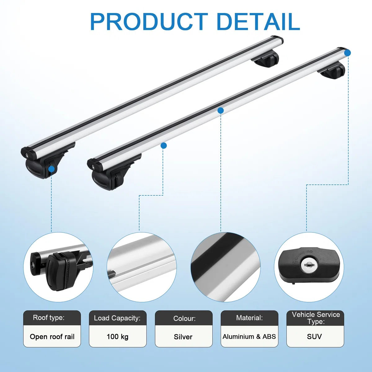 47,2" Barras Transversales Ajustables, Capacidad Carga 100kg, Baca Coche Universal Aluminio con Dispositivos Antirrobo, Portaequipajes para SUV con Rieles Laterales Elevados