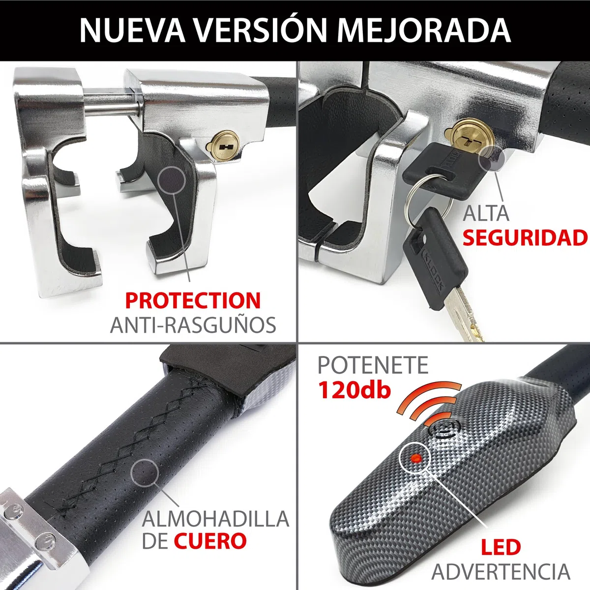 KRASER KR830 Antirrobo Coche, Barra Volante con Alarma 120dB, Robusto Bloqueo Alta Seguridad, Fácil de Usar, Acero Más Calidad, Cepo Coche Universal SUV Furgoneta Autocaravana