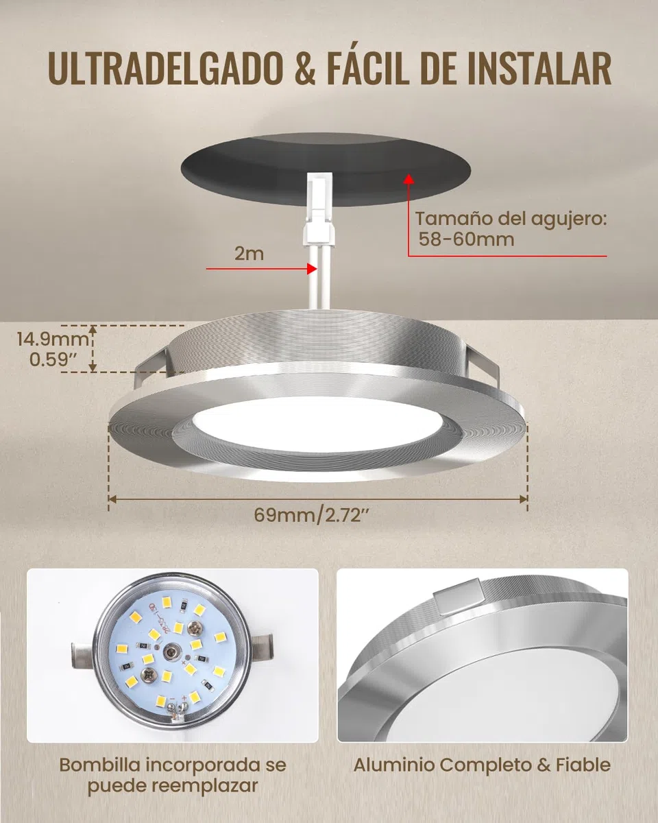 Luxvista Focos LED Interior Techo 12V, 3.5W Regulable Ojos de Buey LED Luz Calida 3000K Foco Empotrable LED de Techo Ultrafino Agujero 58-60mm para Caravana Barco Camper Armarios (3-Unidades