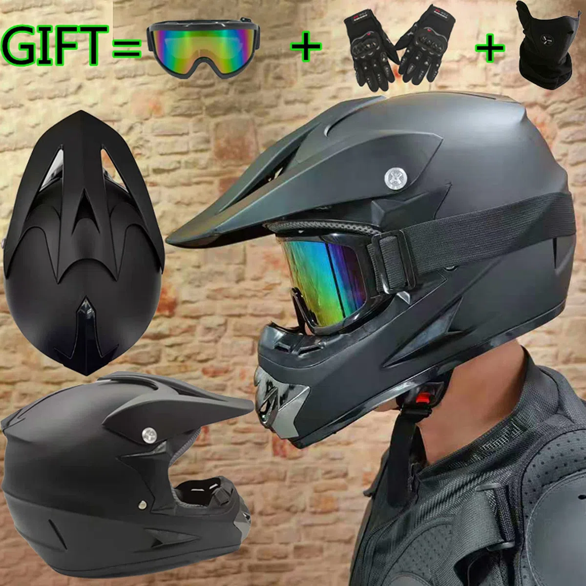 Casco de Moto Negro Mate,Casco Cross with Gafas Guantes Máscara a Prueba de Viento Casco Descenso Incluye 4 Tamaños de Forro de Casco