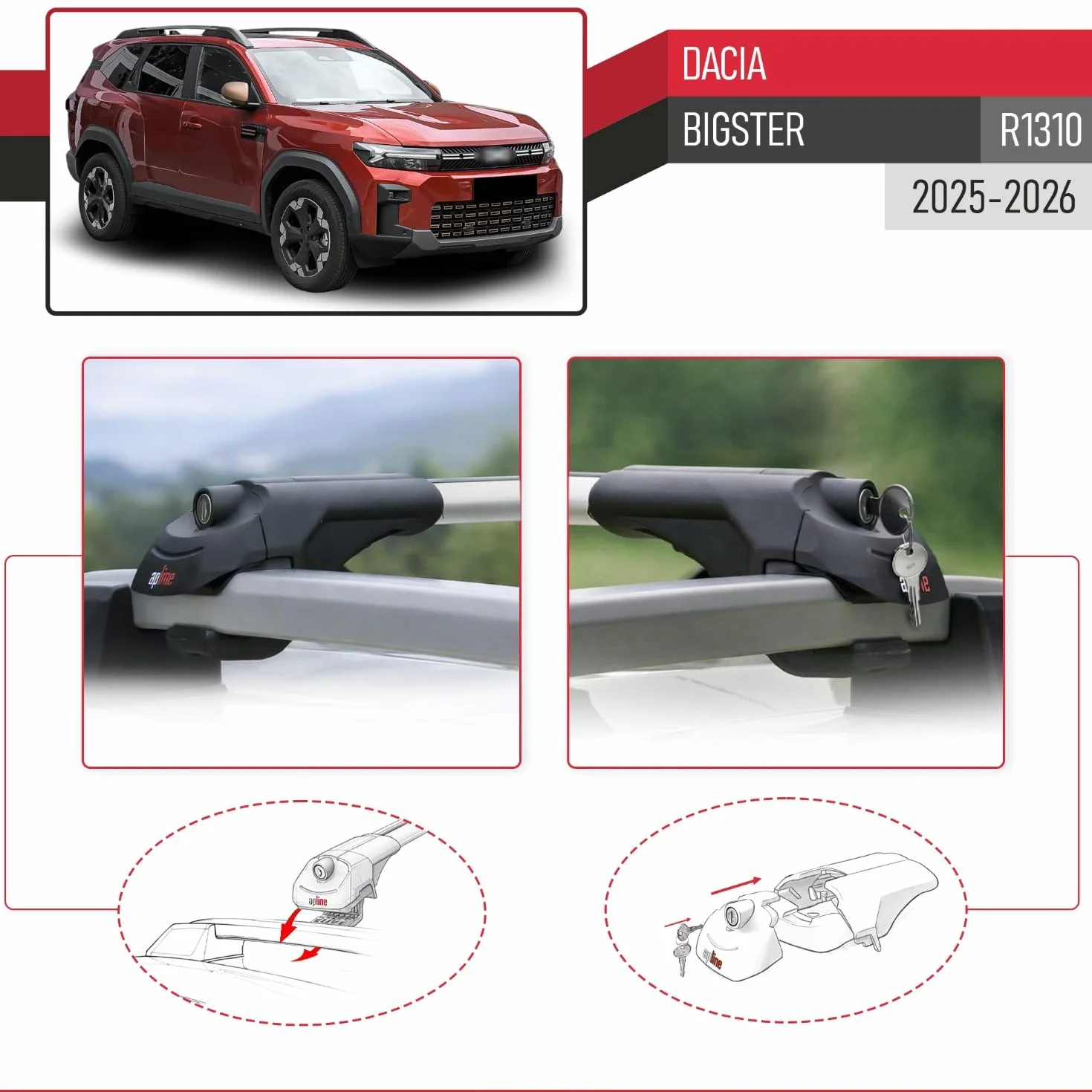 Compatible con Dacia Bigster (R1310) 2025-2026 Modelo Ace-1 Barra de Techo Auto Portaequipajes Barras Transversales Gris Aluminio 2 Barras