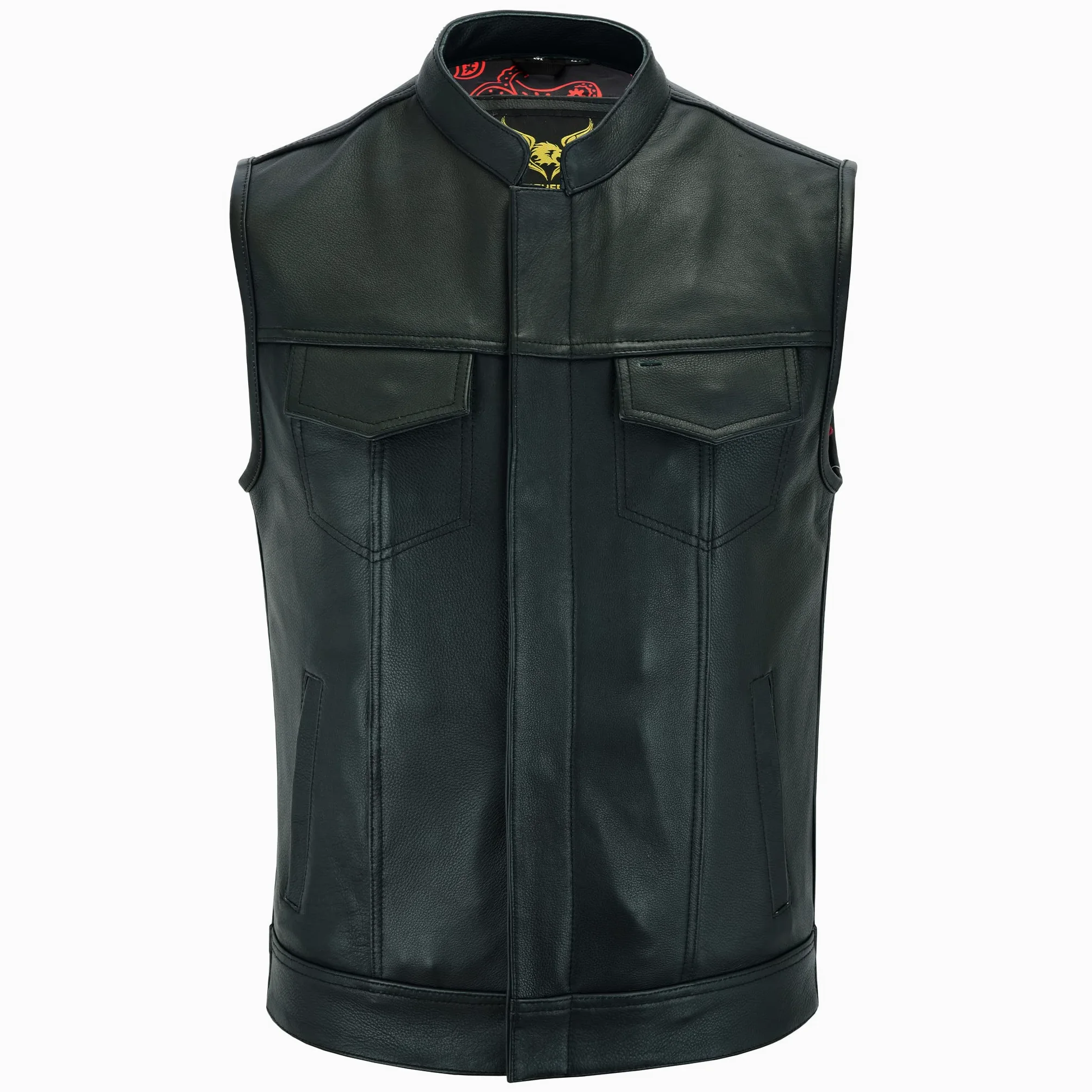 Leatherick Chaleco de cuero para hombre Groove Club - Forro de satén de cachemira tradicional con costuras negras, negro/blanco