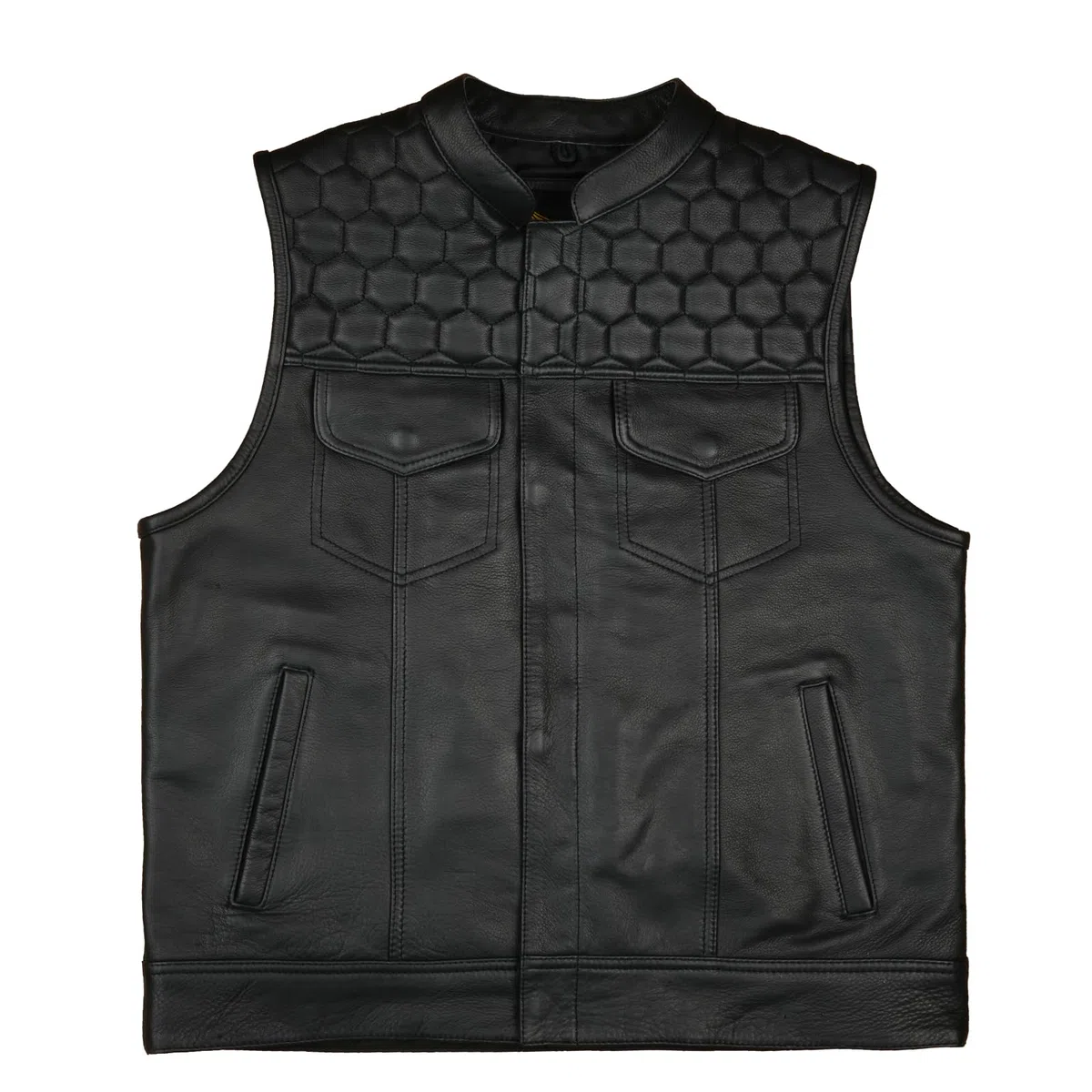 Leatherick Honeycomb SOA Estilo Chaleco de motocicleta de cuero genuino negro para hombres con bolsillos de transporte ocultos