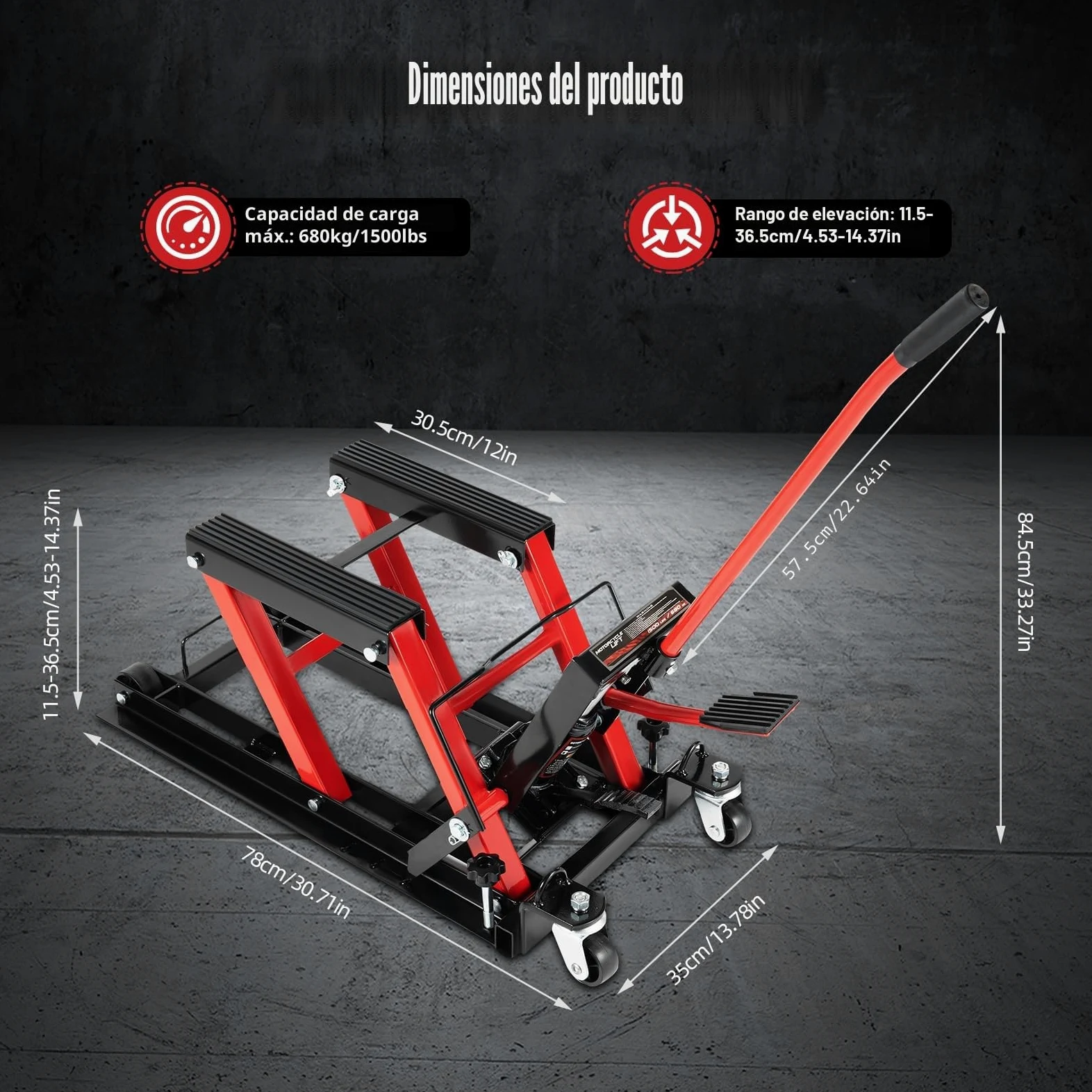 Elevador Hidráulico para Motocicleta de 680 kg de Carga, Soporte de Montaje Ajustable de 115 a 365 mm para Motor en Garaje
