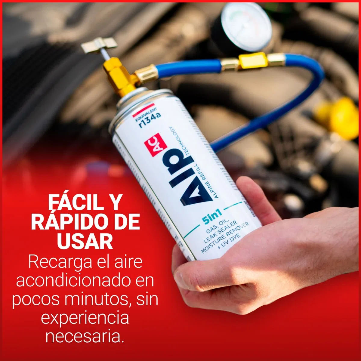 AlpAC 5in1 Kit Recarga Aire Acondicionado R134a (2x Latas + Manguera) – Gas Sustituto incl. sellador, aceite, UV y deshumidificador – Coches hasta 2016