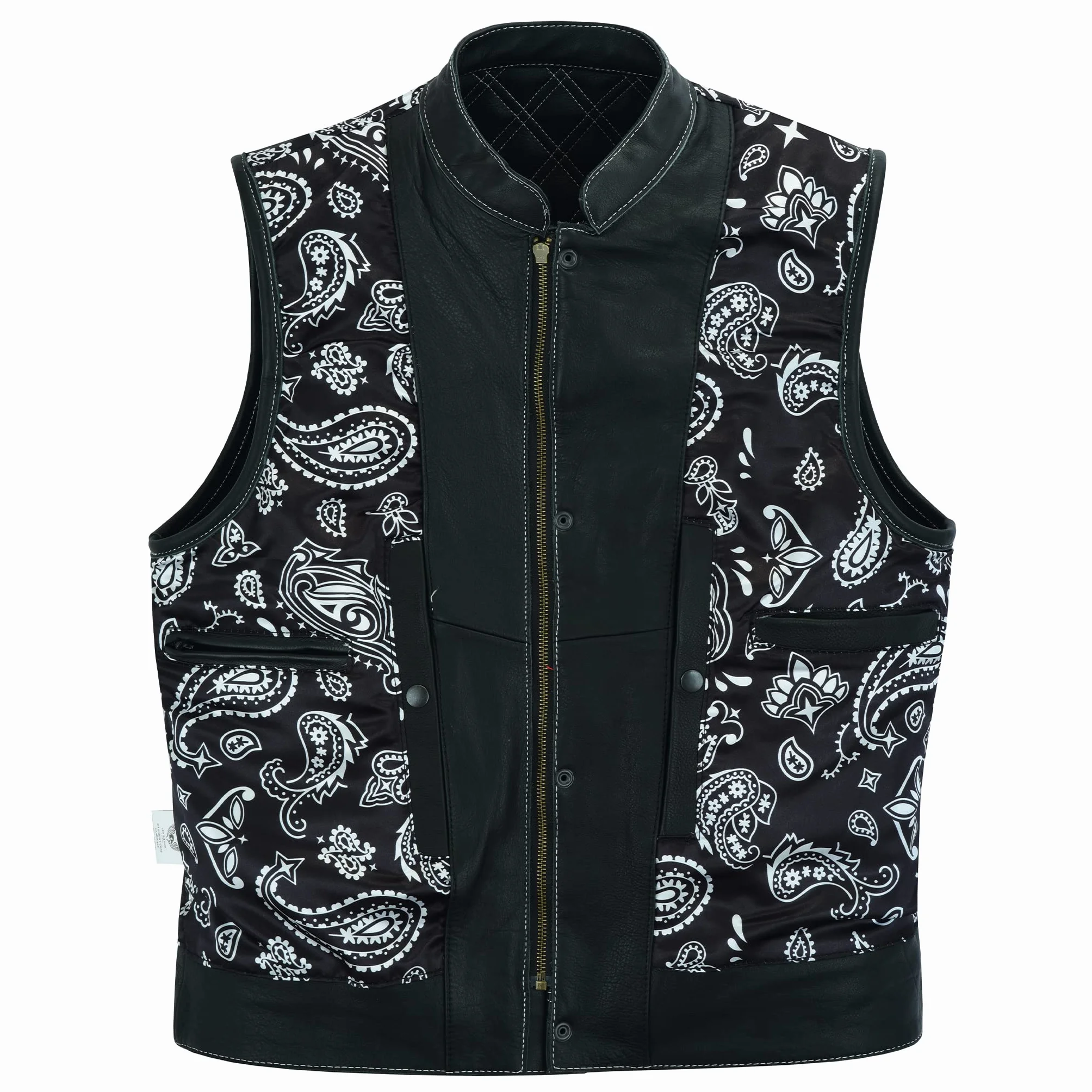 Leatherick Groove Club - Chaleco de cuero negro para hombre, diseño tradicional de cachemira, con costuras de rombos blancos