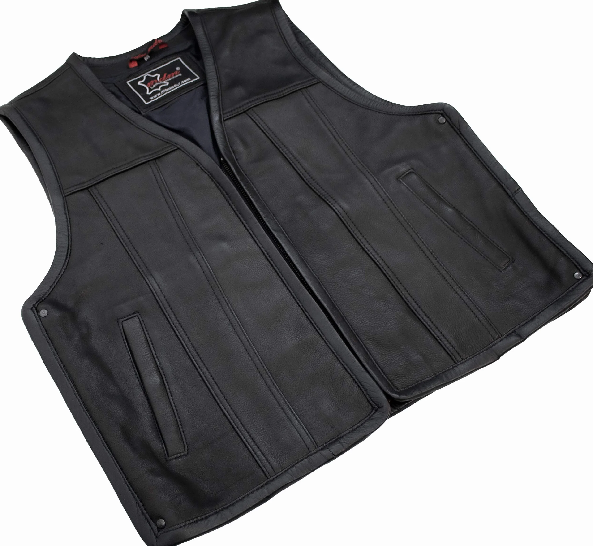 MDM Chaleco de Moto Hombre en Cuero, Chaleco Cuero Moto Custom, Ajustable con Cremalleras Laterales, Negro