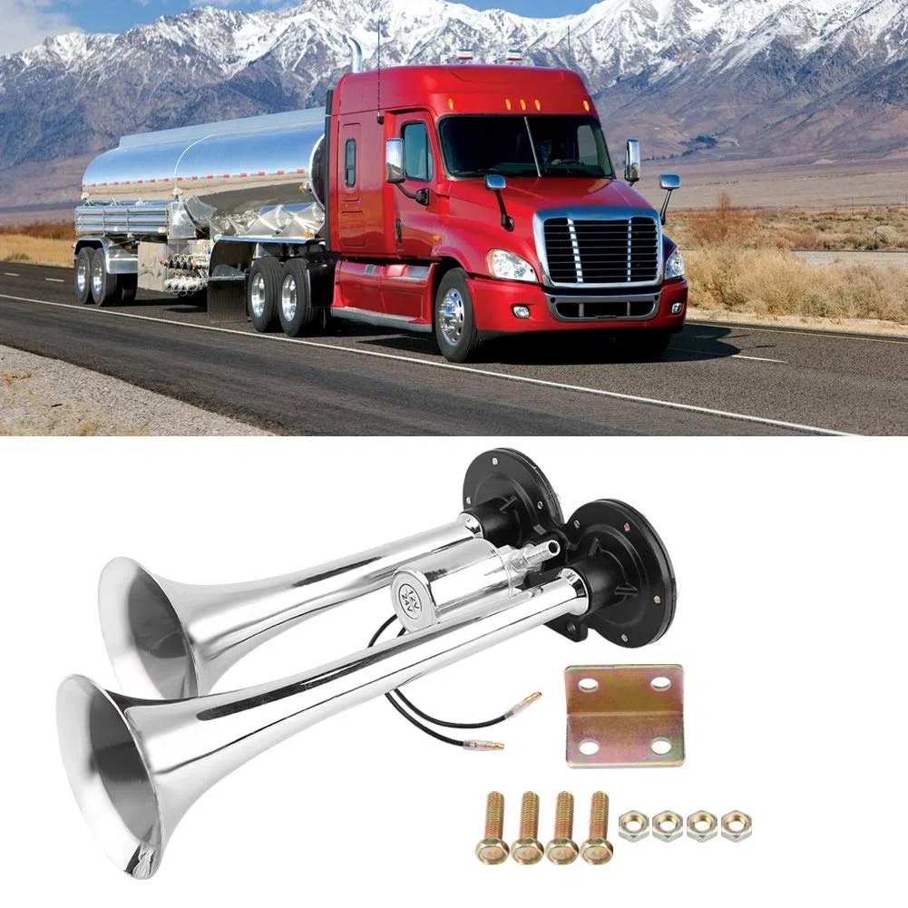 Bocina de Aire para Camión, 150db, 12v/24v, Doble Trompeta, Zinc Cromado, Negro, para Camión Tren Auto Van Barco