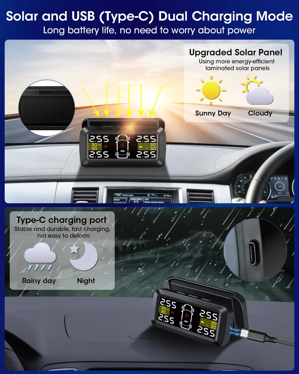 Jansite TPMS Inalámbrico Solar Sistema de Monitoreo de Presión de Neumáticos 4/2 Modos de Interruptor de Rueda Precisión 0.01 Bar 21-87Psi Monitor de Presión de Neumáticos 6 Modos de Alarma