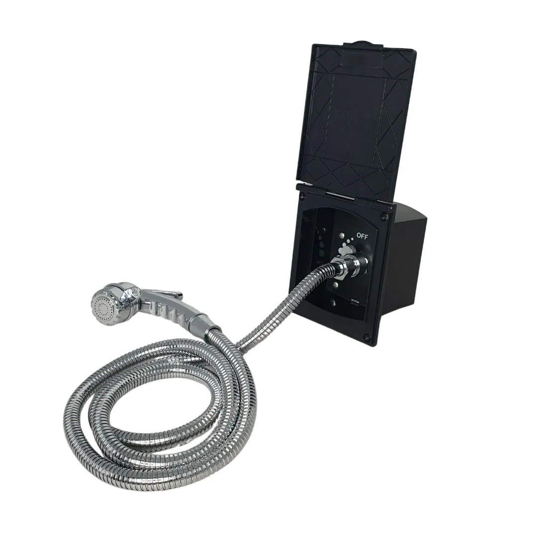 Marvix - Toma de salida de agua externa y cabezal de ducha de gatillo para autocaravana, caravana, caja de caballos
