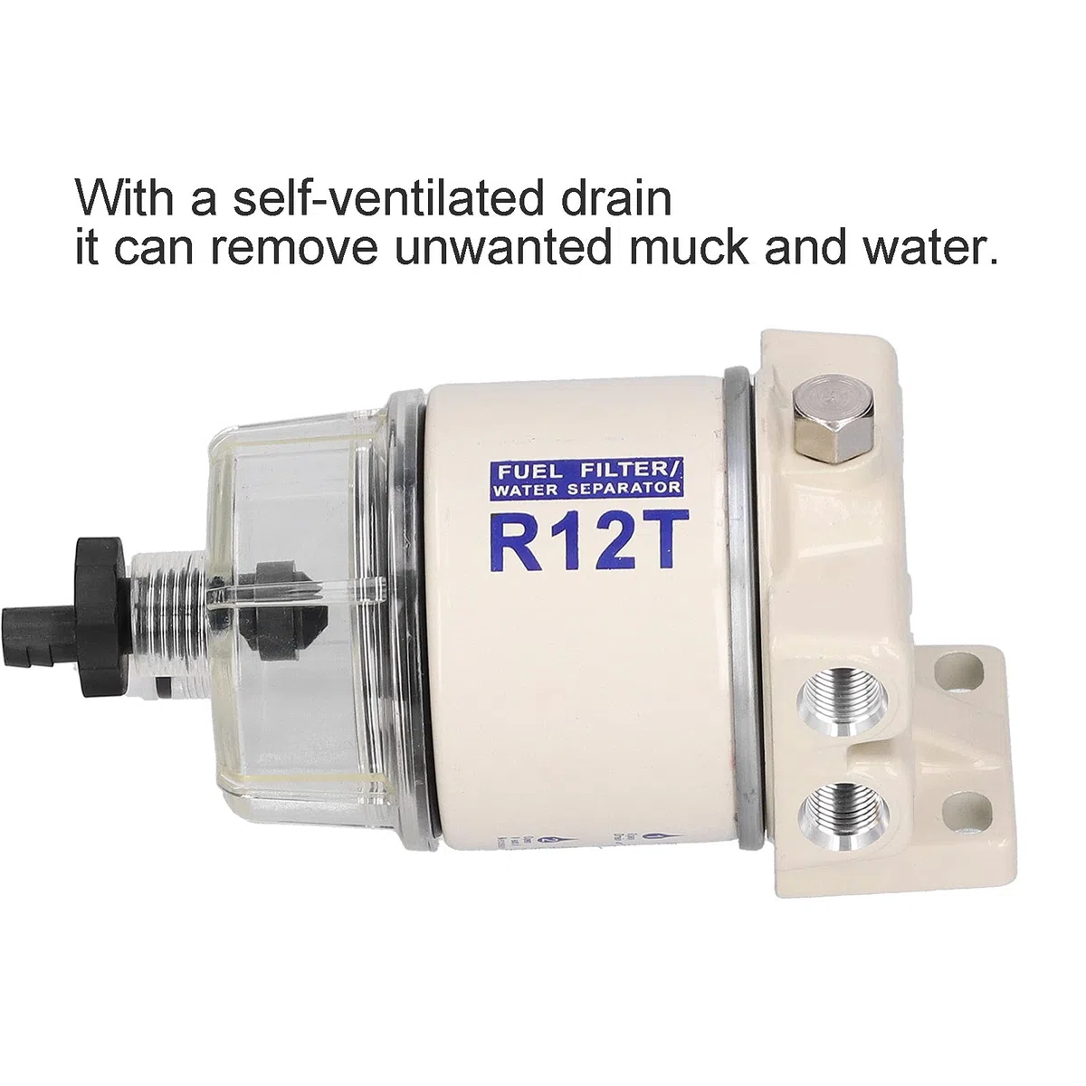 Aramox Separador de Agua del Filtro de Combustible Marino, 30GPH Tasa de Flujo, con Drenaje de Autoventilación, Reemplazo R12T, Giratorio