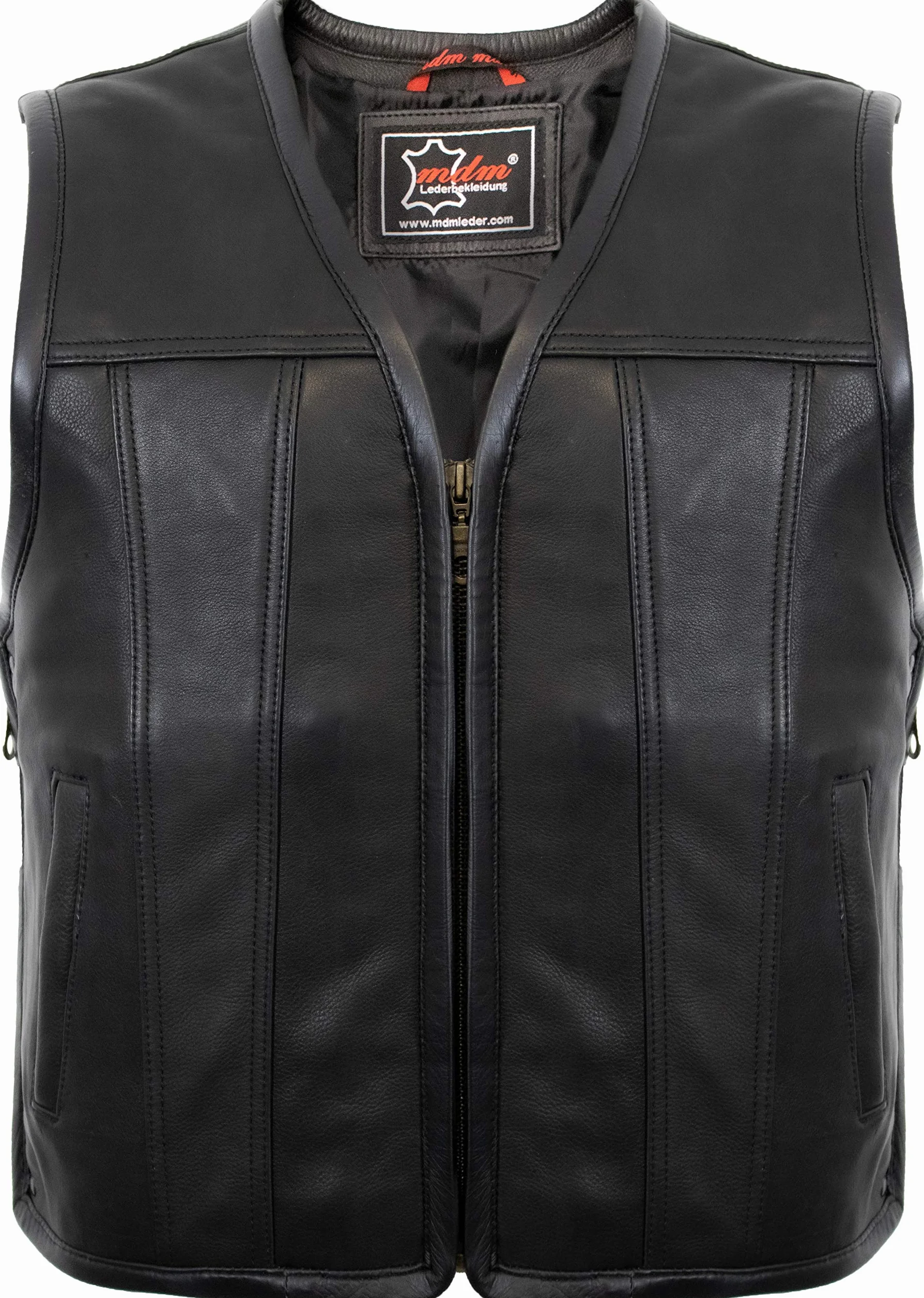 MDM Chaleco de Moto Hombre en Cuero, Chaleco Cuero Moto Custom, Ajustable con Cremalleras Laterales, Negro