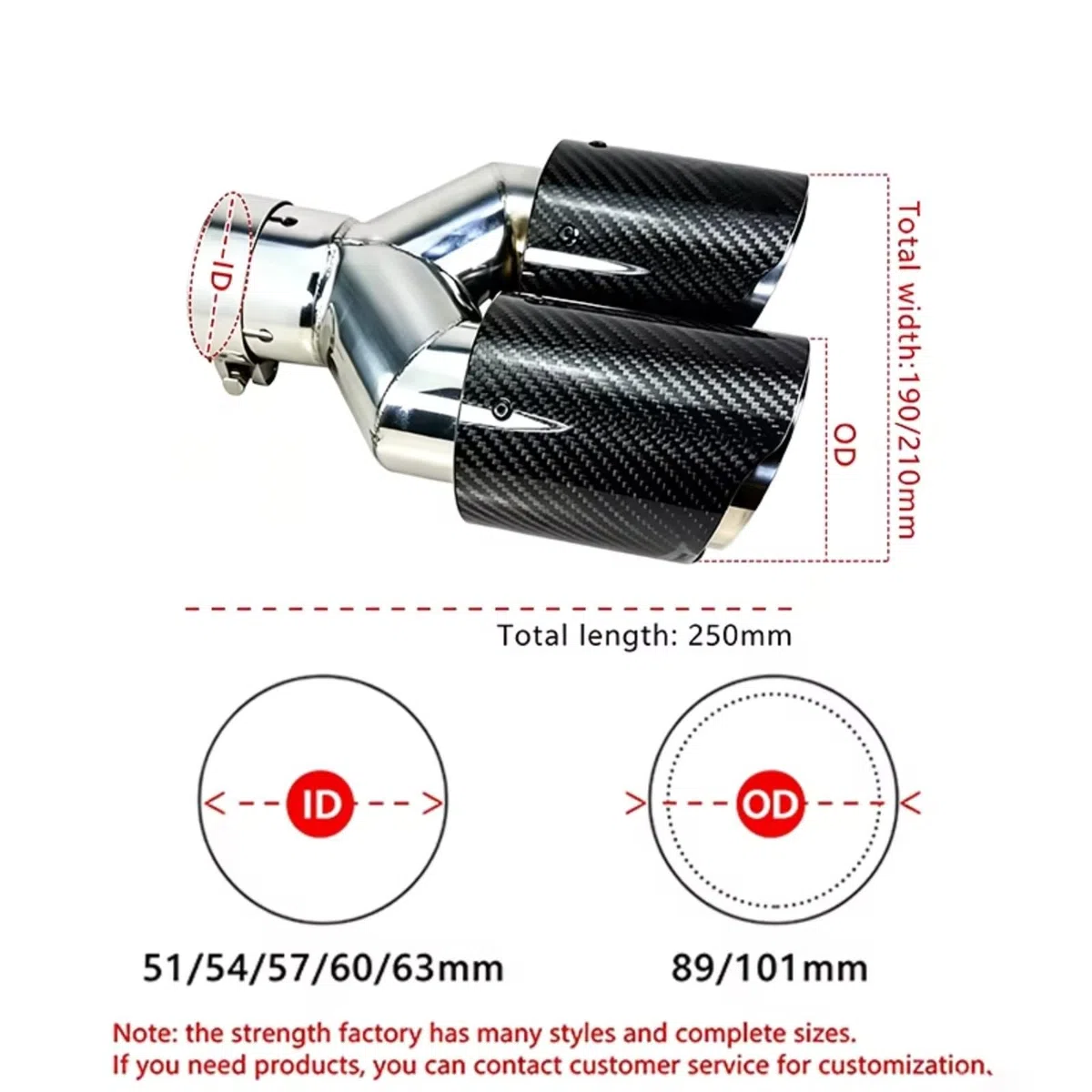 Cola Escape Coche Punta Escape Salida 89 Mm Fibra Carbono Brillante Tubo Silenciador Universal Forma Y Boquilla Doble 1Pieza(Equal Type 51-89)