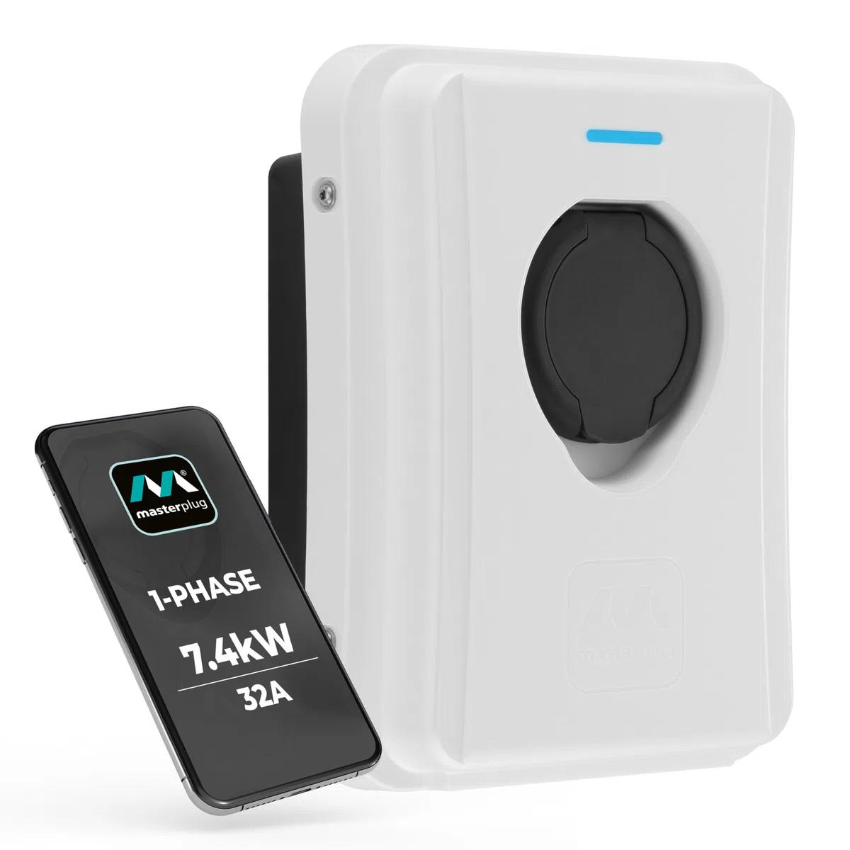 Masterplug Cargador de Pared Inteligente VE para Vehículos Eléctricos e Híbridos Tipo 2, con Toma, Modo 3, Bloqueo Automático, Carga Solar, Monofásico, Wi-Fi, Blanco, IP65, 7,4kW, 32A, EVCM3SS7W/EU