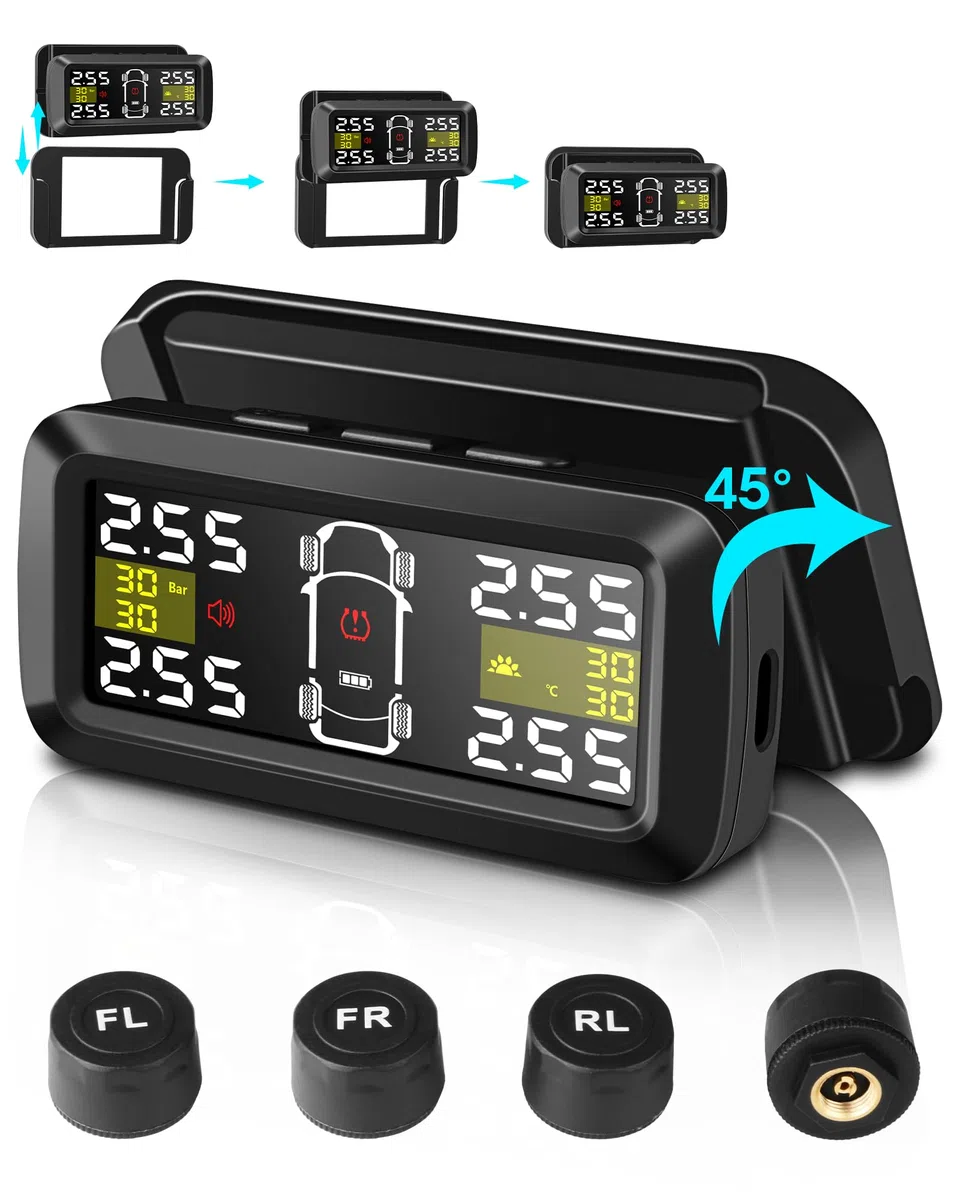 Jansite TPMS Inalámbrico Solar Sistema de Monitoreo de Presión de Neumáticos 4/2 Modos de Interruptor de Rueda Precisión 0.01 Bar 21-87Psi Monitor de Presión de Neumáticos 6 Modos de Alarma