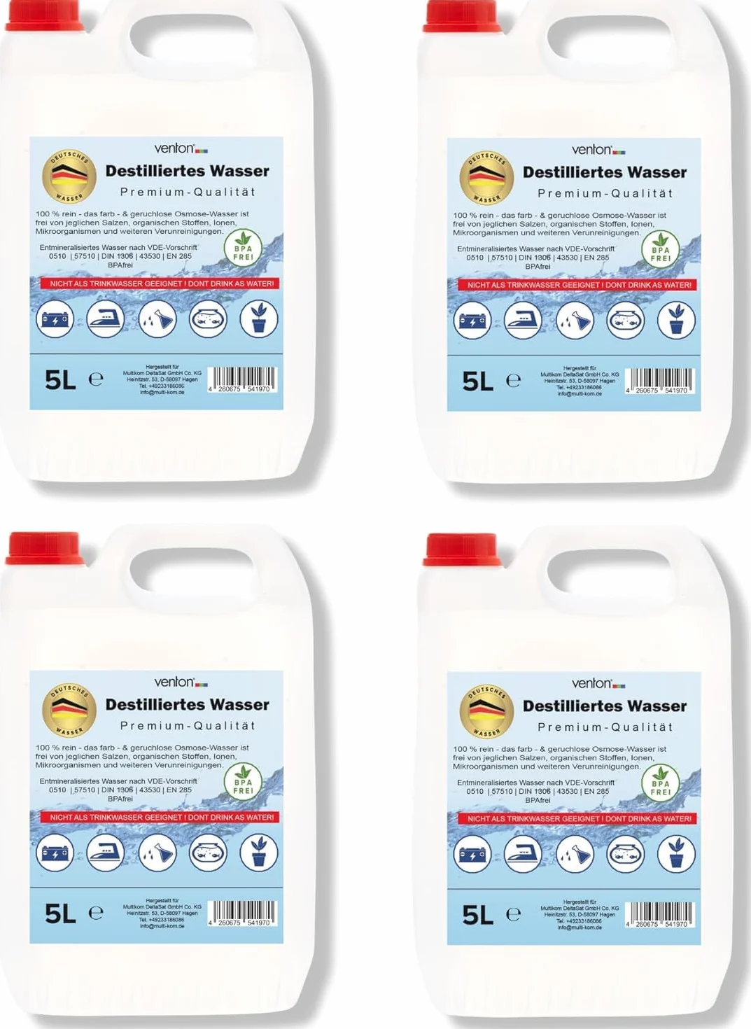 VENTON 20 litros de agua destilada (4 bidones de 5 litros cada uno)