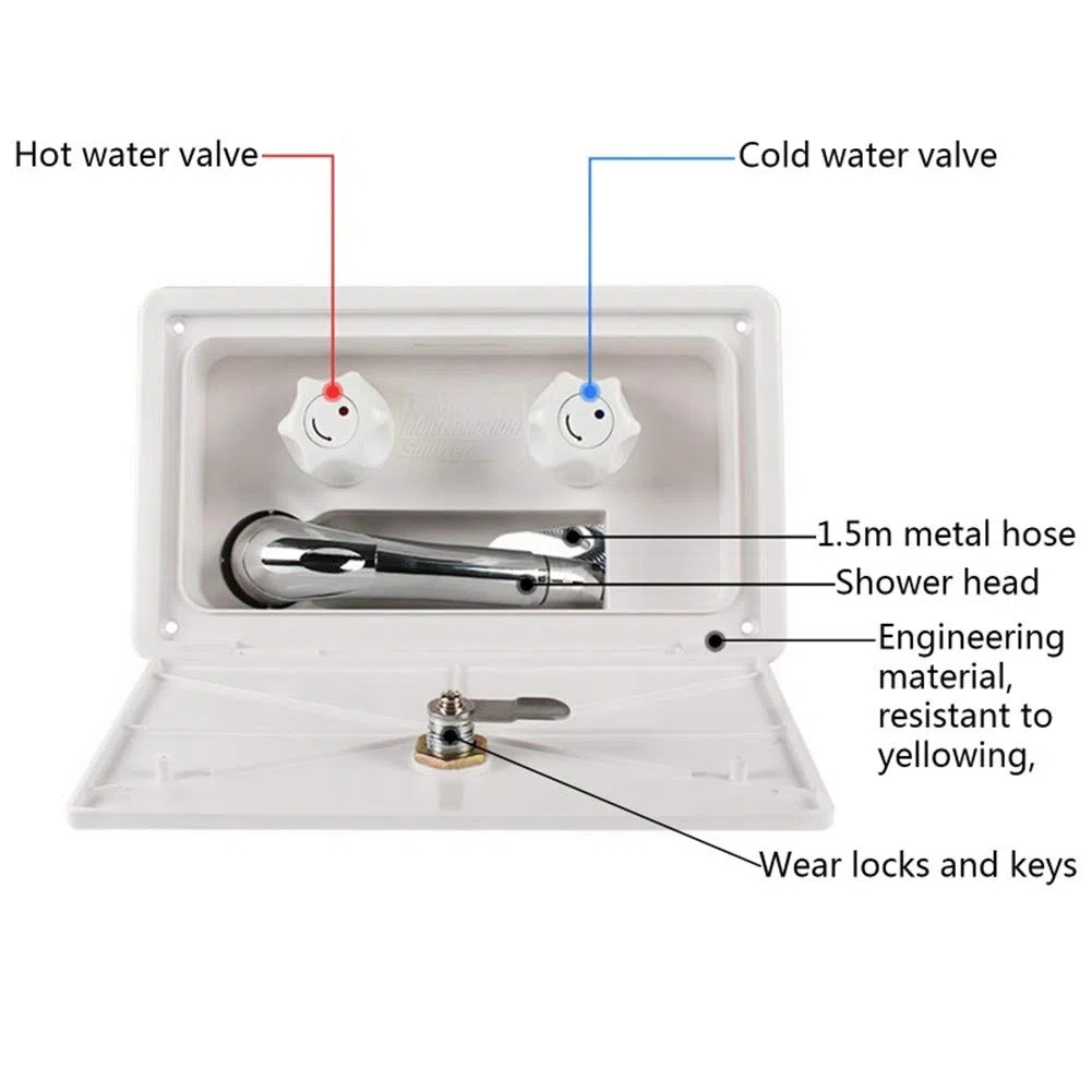 Kit de Caja de Ducha Exterior para Caravana, MoreChoice Caja de Ducha Exterior con Cabezal de Ducha Manguera Grifo Interruptor de Frío Caliente Accesorios para Autocaravana para Barco Caravana,Negro