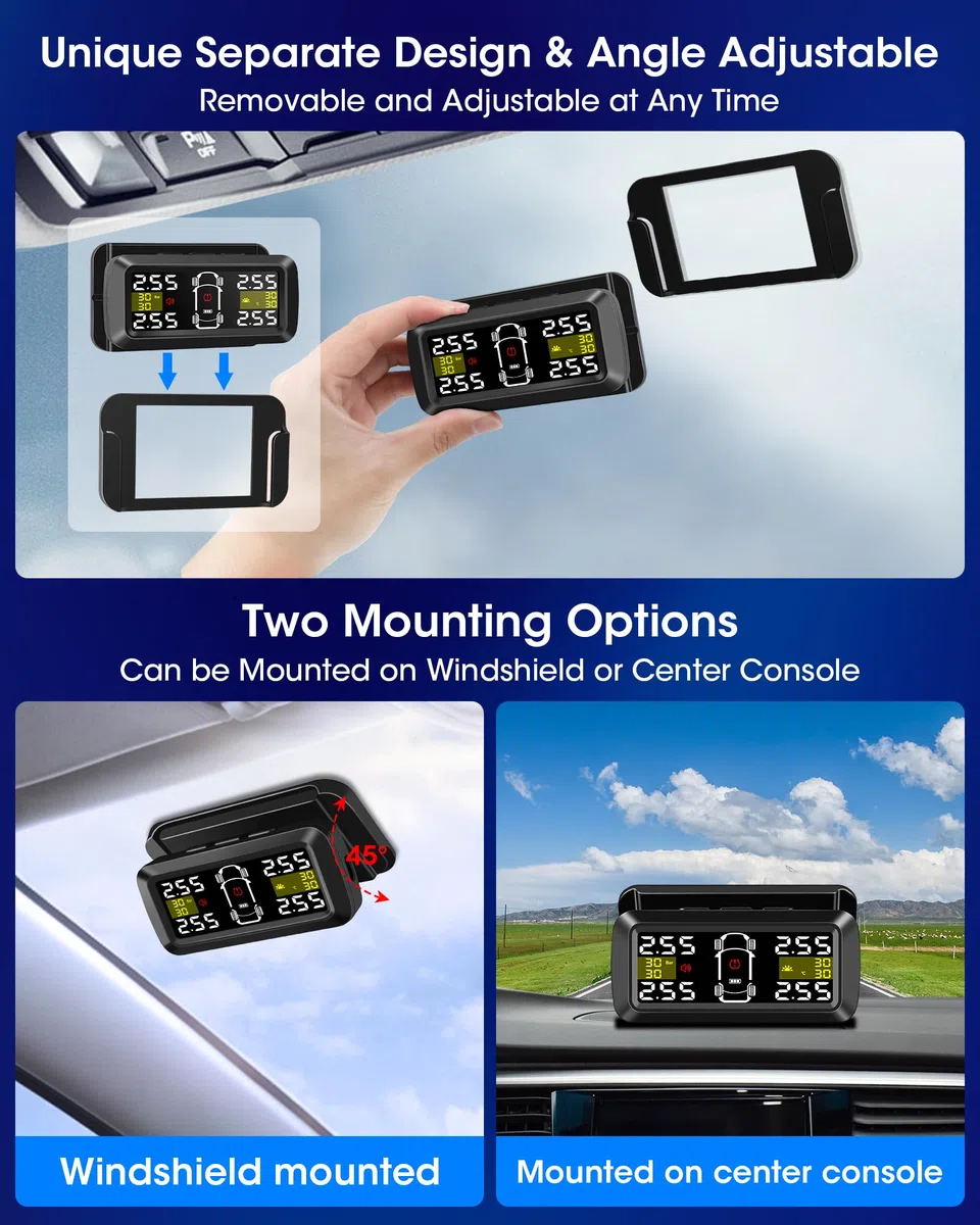 Jansite TPMS Inalámbrico Solar Sistema de Monitoreo de Presión de Neumáticos 4/2 Modos de Interruptor de Rueda Precisión 0.01 Bar 21-87Psi Monitor de Presión de Neumáticos 6 Modos de Alarma