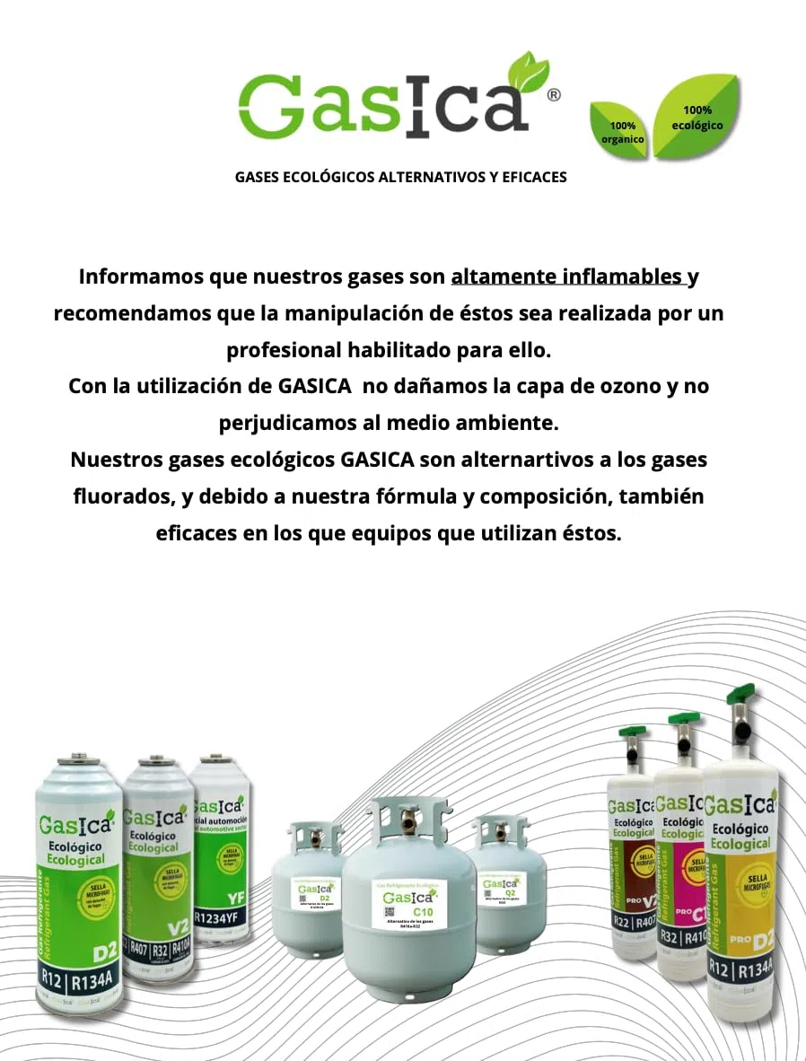 PACK AHORRO 2 ENVASES GASICA D2 GAS REFRIGERANTE ORGÁNICO AUTOMOCIÓN COCHE 400gr CADA BOTELLA COMPATIBLE CON R134A R12