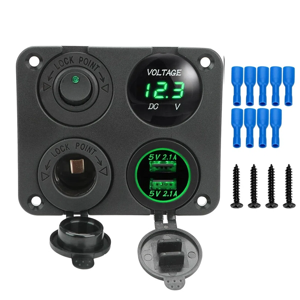 Panel de interruptores for encendedor cigarrillos 12 V, cargador coche 4 en 1 con doble puerto USB, for barcos, caravanas, camiones y vehículos recreativos Barco Automotriz(Groen)