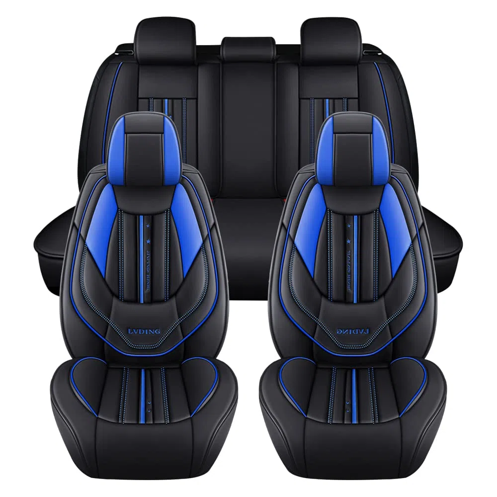 Juego Completo de Fundas de Asiento de Coche para 5 Asientos Delanteros y Traseros, Impermeables, de Piel sintética, Protectores de Asiento de automóvil, cojín M007,Negro y Azul