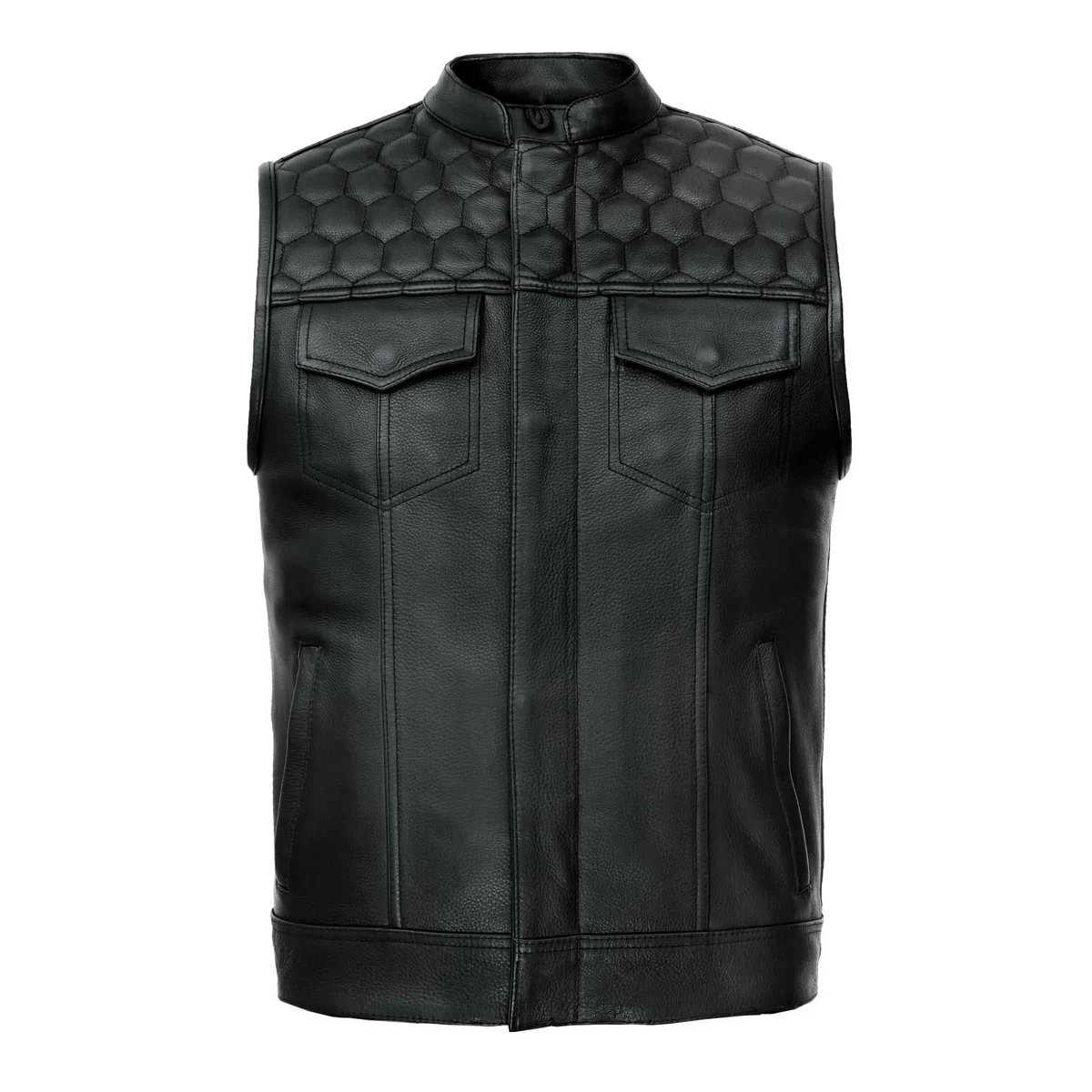Leatherick Honeycomb SOA Estilo Chaleco de motocicleta de cuero genuino negro para hombres con bolsillos de transporte ocultos