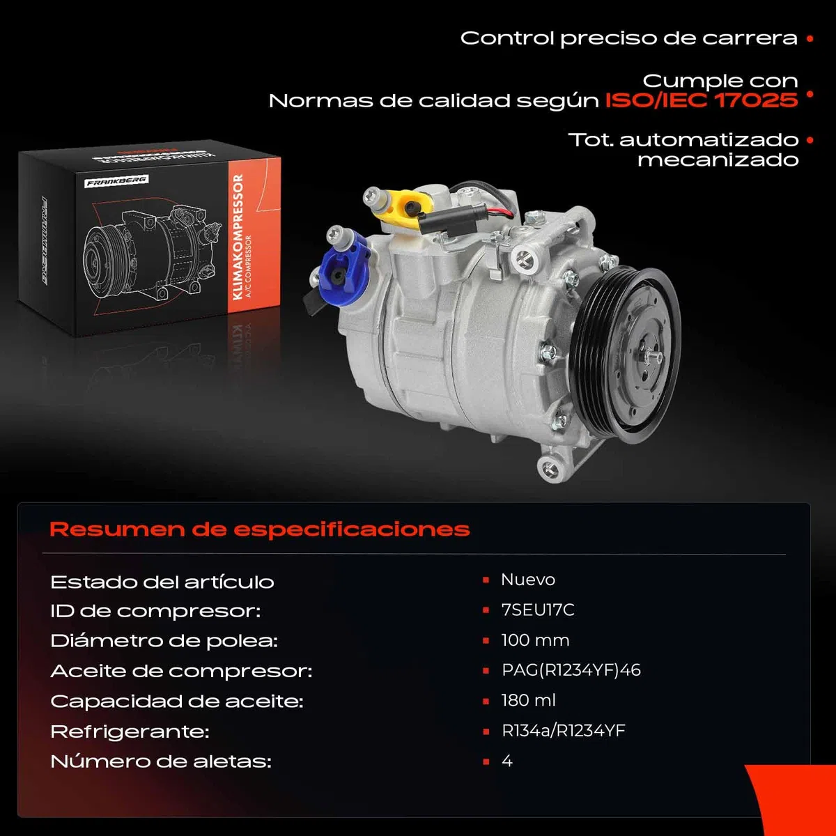 Frankberg Compresor de aire acondicionado con embrague Compatible con 5 Series E60 5 Series Touring E61 7 Series E65 E66 E67 X6 F16 F86 64526917859incl. aceite premezclado