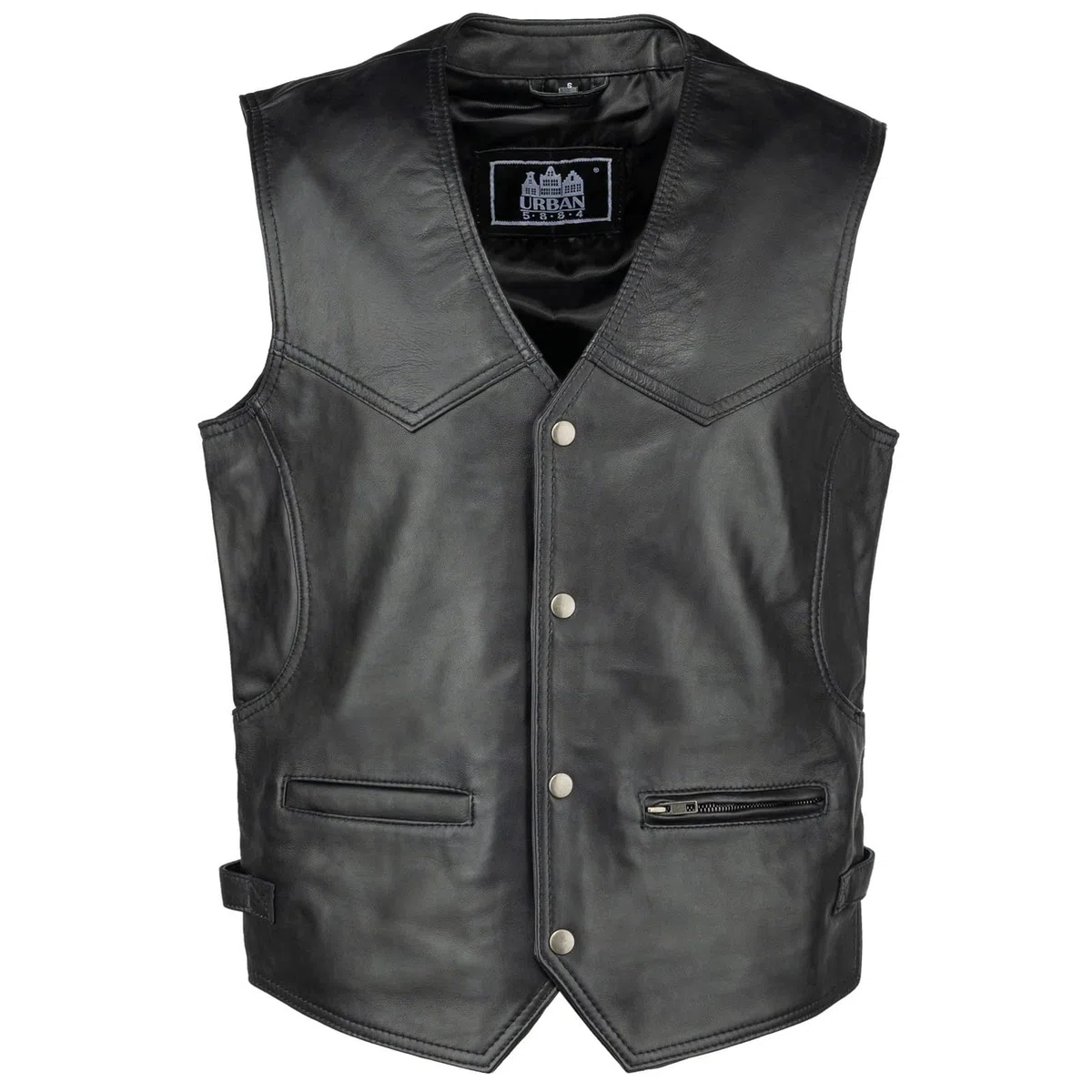 URBAN 5884 Billie Chaleco de Cuero Genuino para Hombre estilo Biker, Chaleco de Piel de Motociclista, URBAN 5884, Cuero ovino Suave, Chaleco con cierre de Botón Hombre