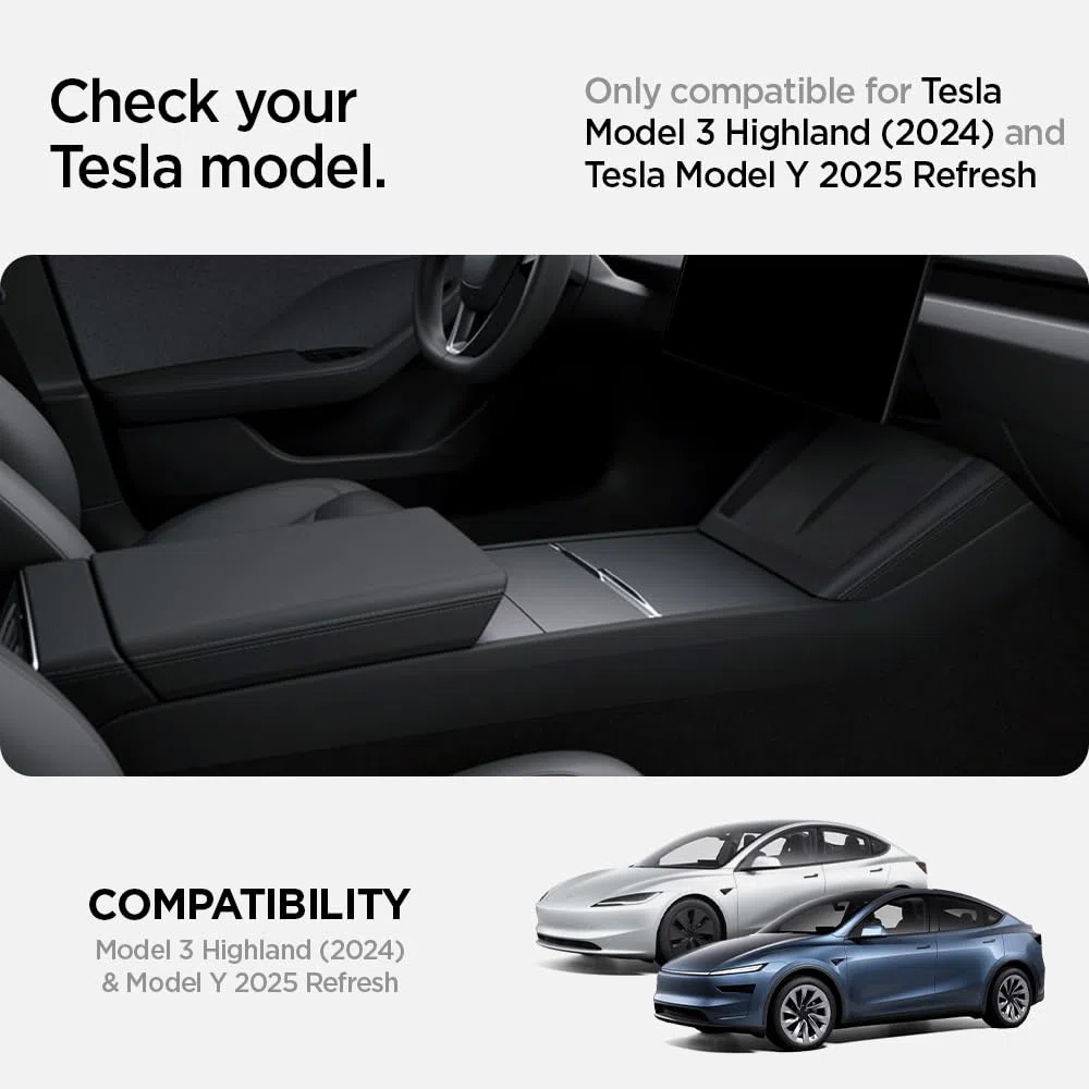 Spigen Tesla Model Y 2026 Juniper (Solo Premium & Performance 2025 2026) y Model 3 Highland (Standard, Premium & Performance 2024/25/26) Non-Slide Center Console Bandeja Organizadora Accesorios