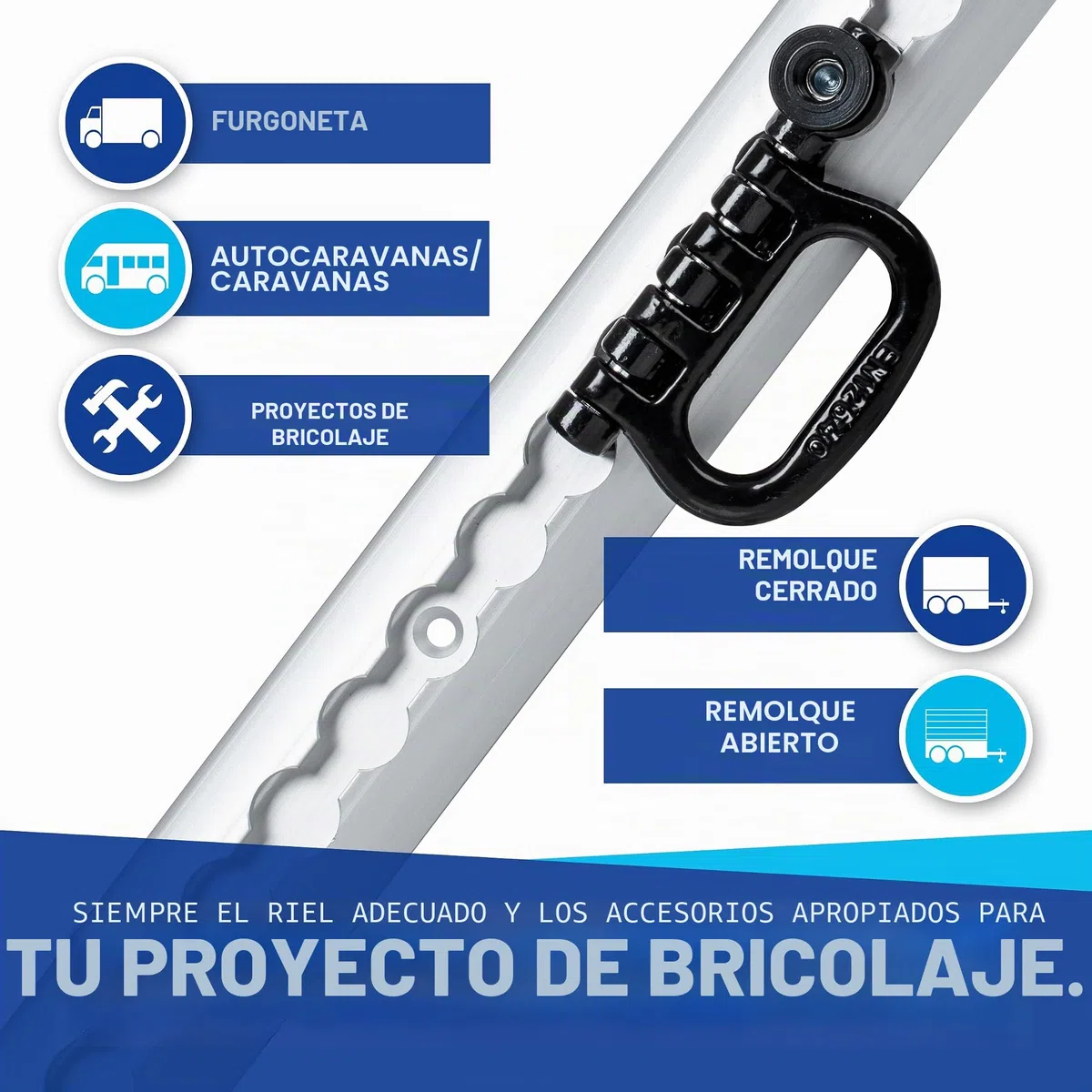 Juego de rieles TÜV certificados, 0,5 - 10 metros, forma semicircular, seguridad de carga para camiones y autocaravanas - Riel de amarre perforado aluminio plateado