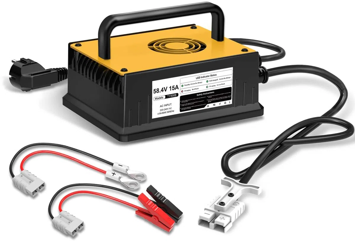 58,4V 15A Cargador de Batería Litio para 48V (51.2V) LiFePO4 Baterías, 48V Cargador de Batería Litio para Autocaravanas, Barcos, Vehículos Marinos y Sistemas Solar