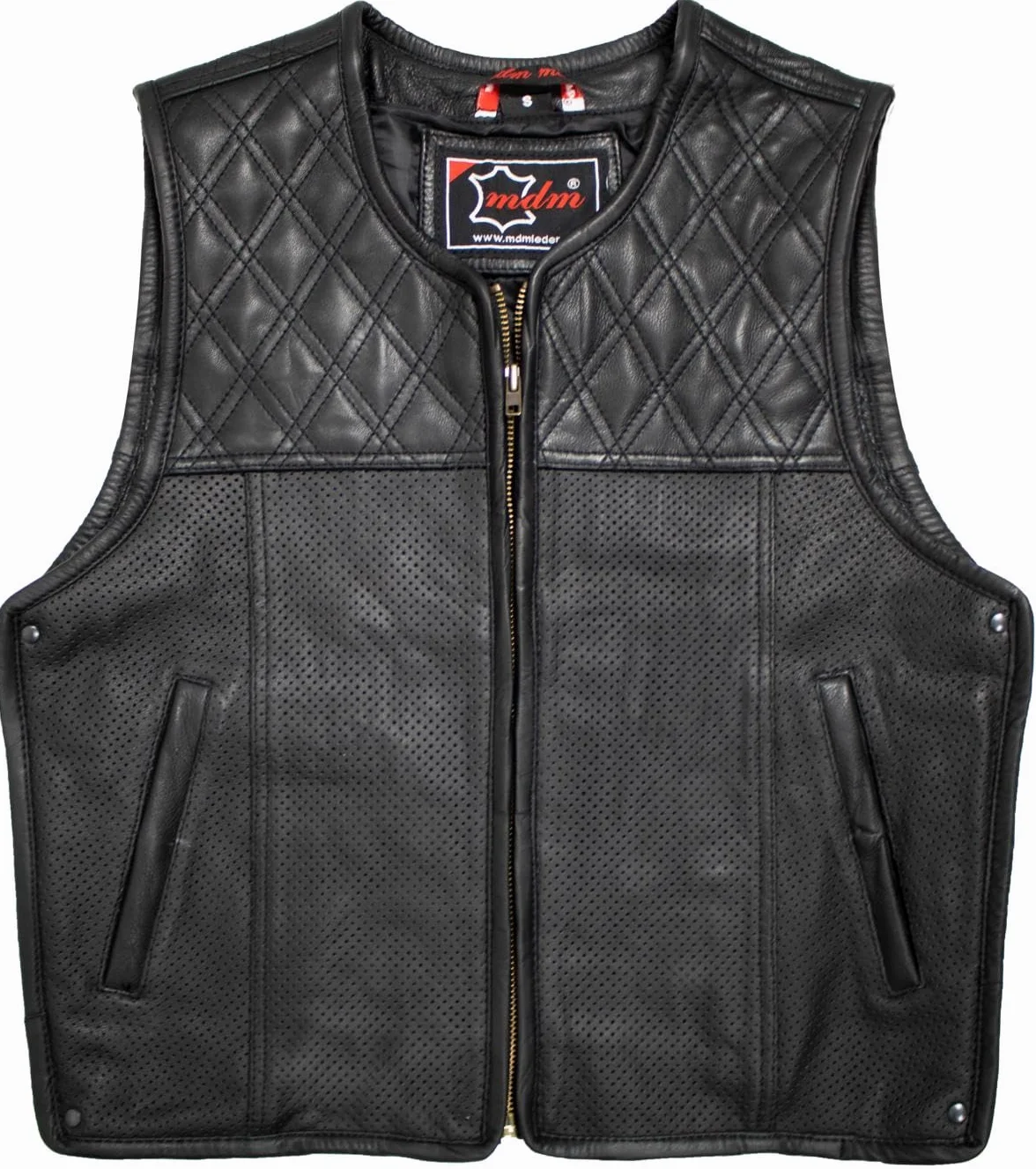 MDM Chaleco cuero moto hombre, chaleco biker negro sin mangas de piel auténtica, estilo Clubstyle, con cuero perforado y cremalleras laterales ajustables