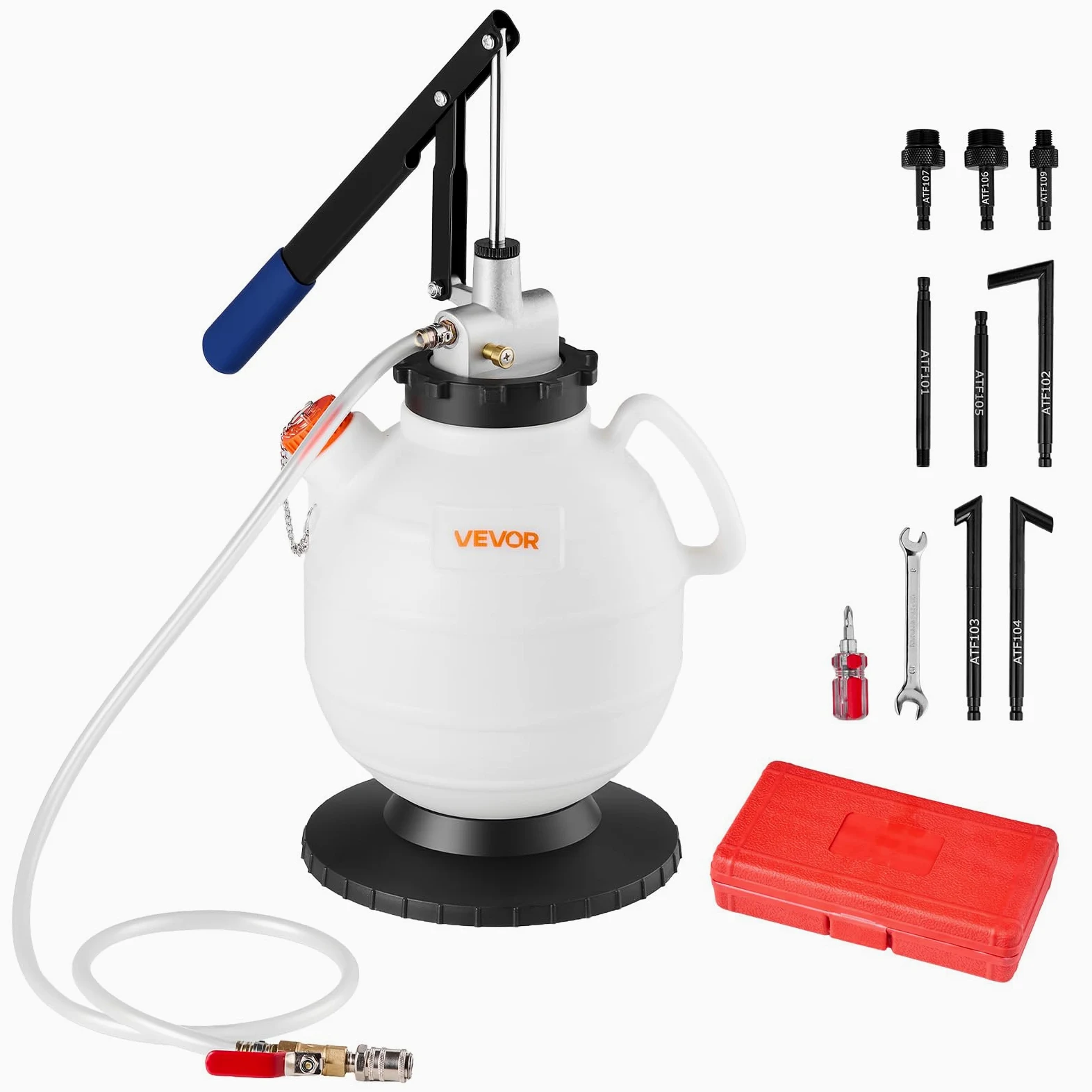 VEVOR Bomba de Líquido de Transmisión Manual Capacidad 7,5 L, Kit de Llenador de Aceite, con 8 Adaptadores de ATF y Manguera de 150 cm, Tanque HDPE, Dispensador de Aceite para Coches Barcos Motos